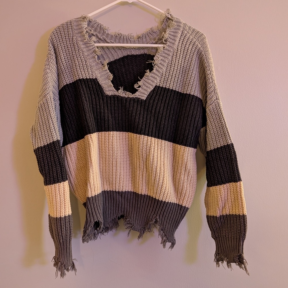 Striped Distressed Sweater - Gray, Black, Cream